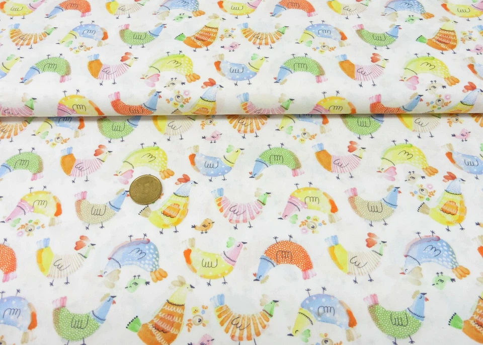 Poulet Hilco weiß Baumwolle Webware Biostoff Hühner Meterware Stoff Ostern 50 cm - Bild 1 von 1