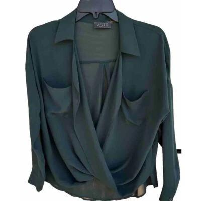 ASTR The Label Revolve Top XS Green Wrap V Neck See Through Collar Workwear - Image 1 of 4