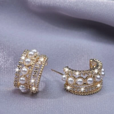 18k yellow gold stud crystal pearl huggie cuff dangle 925 silver earrings - Image 1 of 4
