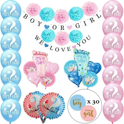 NUEVO 92 piezas Kit de fiesta de revelación de género: globos, pancartas, pegatinas, pompones para niños y niñas Foto 1 de 4