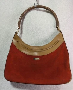 Gucci Suede Leather Shoulder Bag Handbag Bamboo Orange Brown From Japan - Picture 1 of 13