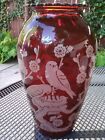 Vase Hoover Anchor Hocking Royal Ruby avec oiseaux et autocollant original