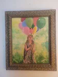 Vintage Öl auf Leinwand Mädchen mit Ballon Bild gerahmt 25,5"×21,1/4" signiert - Bild 1 von 24