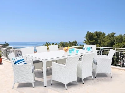 Rattan Gartenmöbel Set Tisch + 8 Sessel Stühle Sitzgruppe weiss grau für Garten - Bild 1 von 4