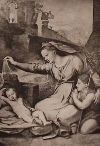 Madonna con la corona María Cristo Juan reproducción original según Rafael - Imagen 1 de 3