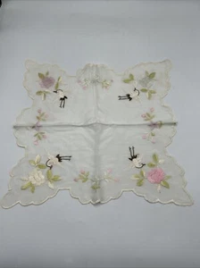 VTG Silk Hankie Crane Bird Heavily Embroidered Floral Pink Violet Scalloped - Picture 1 of 6