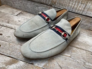 GUCCI Jordan Horsebit light Blue Suede Web Loafers Moccasin $1000 UK10 US11 - Picture 1 of 15