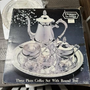 Elegance in Silver Three Piece Coffee Set W Round Tray NEW In Box - Picture 1 of 7