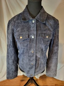 Women's Clothes By Revue Suede/Leather Jacket Blue Rhinestone Buttons Size M - Picture 1 of 6