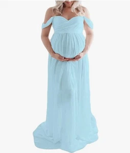 NIP SM Maternity Dress OFF Shoulder Lace Chiffon Split Front Maxi Pregnancy gown - Picture 1 of 6