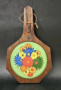 Vintage 1970s Wooden Trivet Serving Cutting Board Bold Bright Color Flowers - Picture 1 of 5