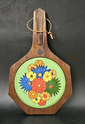 Vintage 1970s Wooden Trivet Serving Cutting Board Bold Bright Color Flowers - Image 1 of 4