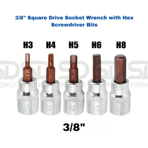 3/8" CR-V Square Drive Socket, S2 Steel Hex Bits H3, H4, H5, H6, H8 38mm-Length - Picture 1 of 13