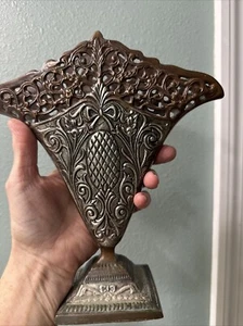 VINTAGE ORNATE ART NOUVEAU Brass Silver Plate Metal Gorgeous Fan Vase 9” Tall - Picture 1 of 11