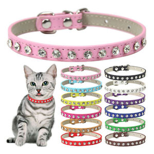 Adjustable Dog Puppy Cat Pet Collar Rhinestone Bling PU Leather Band Necklace
