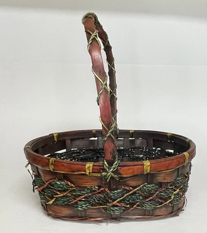 Handmade Woven Wicker Basket Lacquered with Red Green and Gold Accents 11.75” Cover