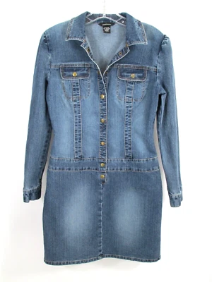 Vestido de mezclilla midi de colección Moda International para mujer 6 botones delanteros elástico manga larga Foto 1 de 4