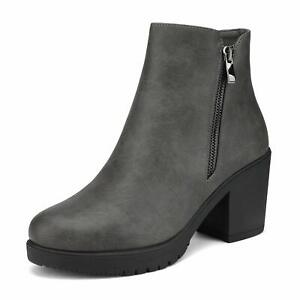 DREAM PAIRS Women Winter Ankle Boots Chunky Block Heel Side Zipper Boots Shoes