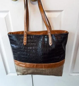 TRI-COLOR CROC EMBOSSED VEGAN LEATHER BLACK BROWN TAN TOTE SHOULDER BAG HANDBAG - Picture 1 of 1