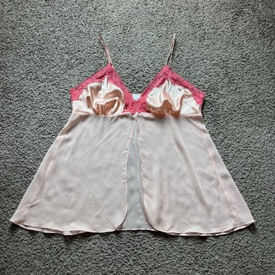 Lingerie coquete vintage anos 90 Babydoll cami 2X renda rosa cetim chiffon fenda - Imagem 1 de 4