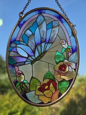 Amia Stained Glass Suncatcher Hand-painted Butterflies Floral Oval Whimsical  - Image 1 of 4