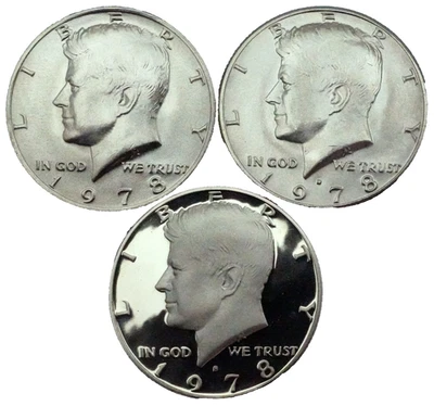 1978 P D S Kennedy Half Dollar PDS Year Set BU & Proof Lot of 3 Coins - Image 1 of 2