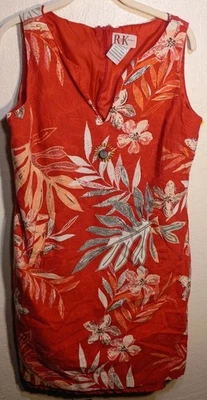 R&K Originals Linen Blend Dress Sz 14 Red Tropical Print Sleeveless Shift Pocket - Image 1 of 4