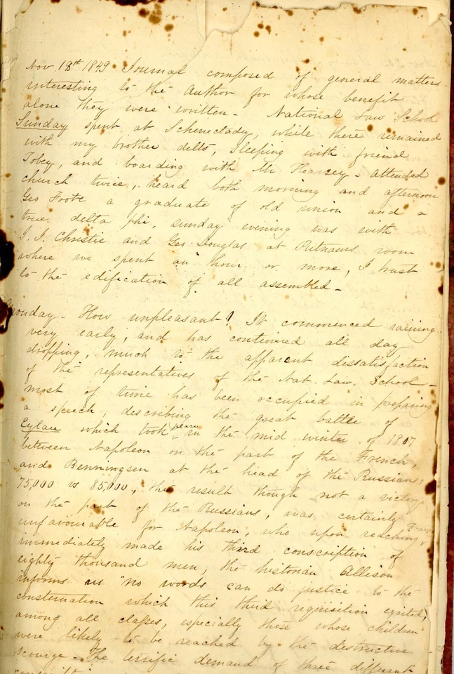 Knickerbacker, John, Handwritten Diary of Young  New York Law Student  1849-1850 - Image 1 of 1