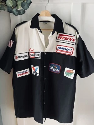 Vintage Simpson Button Shirt Racing Patches 50/50 USA L Pit Crew Bowling 70s 80s - Image 1 of 4