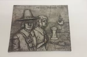 Pewter wall plaque picture antique/vintage. THE PILGRIM FATHERS 1680 relief  E3 - Picture 1 of 6