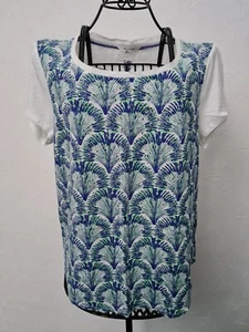 White Stuff Peacock Pattern Blue White Tshirt Size 14 - Picture 1 of 9