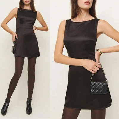 Reformation Zenni Mole Brown Satin Mini Dress Jewel Neck A-Line Size 10 - Image 1 of 4