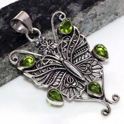 925 Silver Plated Butterfly Peridot Faceted Pendant Gemstone 2.2" GW - Image 1 of 3