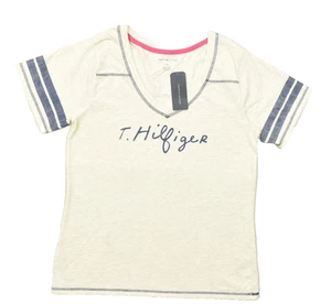 NEW Tommy Hilfiger L/G Regular Size L V-Neck T-Shirt Blue Striped Sleeves - Picture 1 of 8