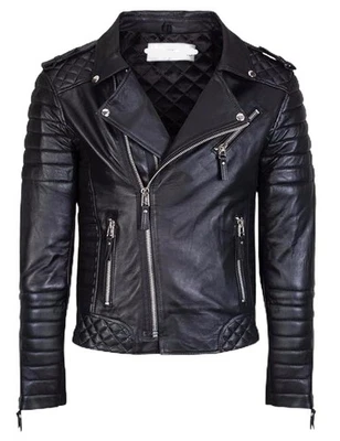 Mens Black Leather Jacket - Trendy Biker Real Lambskin Leather Jacket For Men - Image 1 of 4
