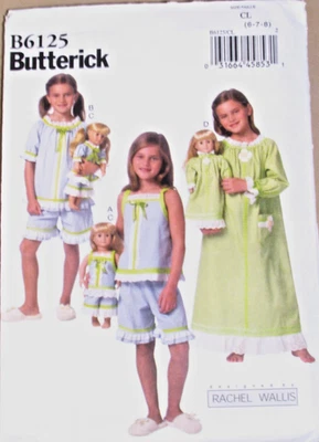 Butterick 6125 Girls and 18" Doll Matching Pajamas Nightgowns Pattern Szs 6 7 8 - Image 1 of 4