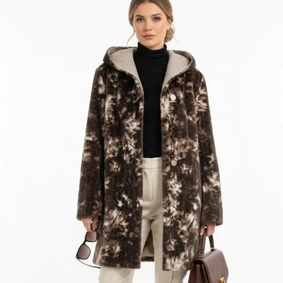 Adrienne Landau 2X Faux Fur Coat Hooded Marbled Animal Print Plush Brown Jacket - Image 1 of 4