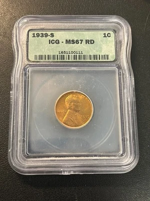 1939 S WHEAT CENT ICG MS-67 RD - RED WHEAT PENNY - UNCIRCULATED - CERTIFIED - 1C - Image 1 of 2