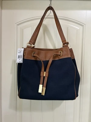 BOLSO DE MANO MICHAEL KORS MARINA GRANDE AZUL MARINO MARRÓN LONA MARRÓN RIBETE NUEVO CON ETIQUETAS Foto 1 de 4
