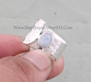 Natural Fire Moonstone Ring 925 Sterling Silver Hammered Band Ring Gift For Her - Picture 1 of 6