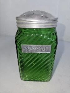 GREEN DIAGONAL RIBBED OWENS GLASS HOOSIER SUGAR SHAKER 4 1/2" Tall w/ DOME LID - Picture 1 of 7