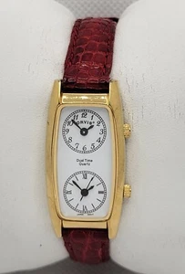 Ladies Orvis Dual Time Quartz Gold Tone Red Leather Band Watch H5 - Picture 1 of 9