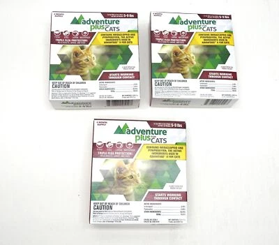 (3 Cajas) Adventure Plus para Gatos Gato Pulgas Medicina Gotas Tópicas 5-9 Libras Foto 1 de 4
