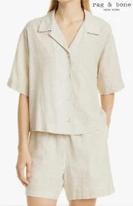 CAMISA RAG & BONE NUEVA CON ETIQUETAS $275 CAÑA RAYAS MANGA CORTA BOXY MODAL/LINO BEIGE. Talla M - Imagen 1 de 12