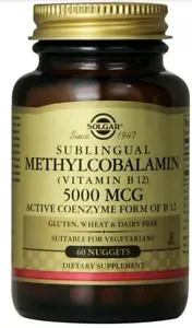 Sublingual Methylcobalamin (Vitamin B12) by Solgar, 60 nuggets 5000 mcg Exp2027+ - Picture 1 of 1