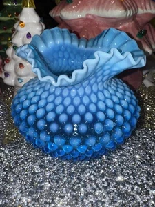 Fenton Opalescent Blue Hobnail Crimped Ruffle Edge Rose Bowl Vase 5" Tall - Picture 1 of 17