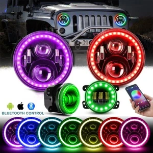 RGB 7" LED Headlights & 4" Fog Lights Combo Kit For 2007-2018 Jeep Wrangler JK - Picture 1 of 13