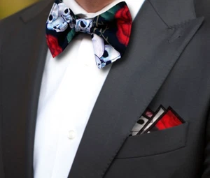Skull and Roses Pre Tied Bow Tie Formal Wedding Tux Prom Goth Handmade to Order - Picture 1 of 6