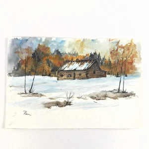 Original Watercolor Painting 6x9 Winter Scene Cabin Snow - Picture 1 of 3