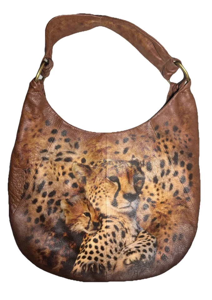 Vintage ICON Los Angeles Wild LEOPARD Animal Medium Leather Hobo Bag 15"x12" - Image 1 of 4
